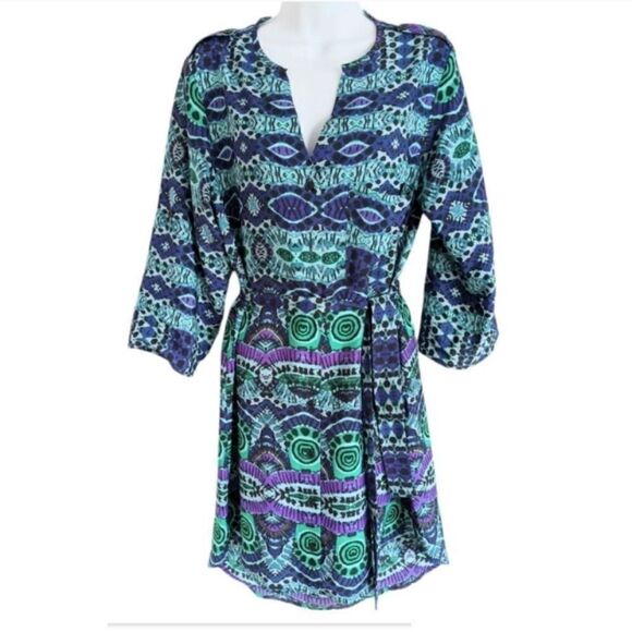 ANTHROPOLOGIE MAEVE Frequencies Blue Green Shirt Dress v neck Small @Y - Picture 13 of 13